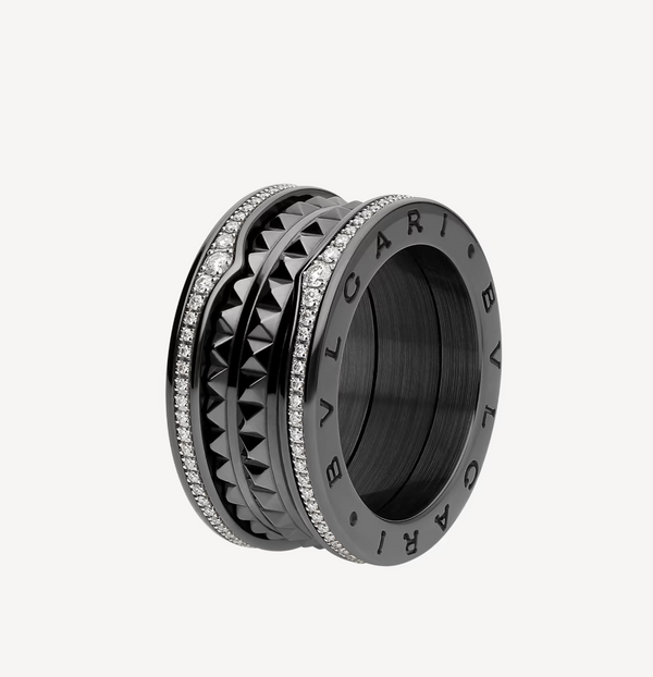 ˇFashion StreetˇZERO 1 ROCK FOUR-BAND BLACK CERAMIC WITH STUDDED SPIRAL AND PAVED DIAMONDS RING