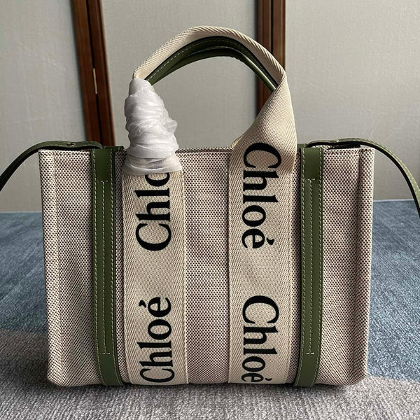 SMALL STRAP WOODY TOTE BAG 26.5 IN BEIGE LINEN CANVAS BLACK WEBBING LOGO EMBROIDER GREEN CALFSKIN