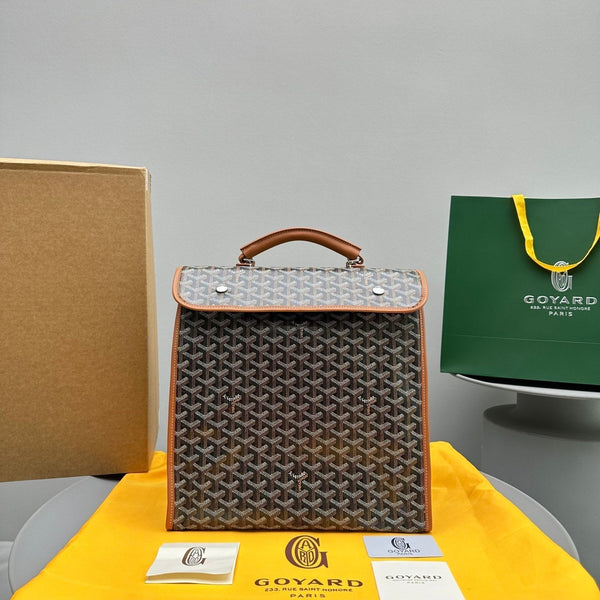 LEGER BACKPACK 37 IN BLACK GOYARDINE CANVAS WITH TAN CALFSKIN TRIM