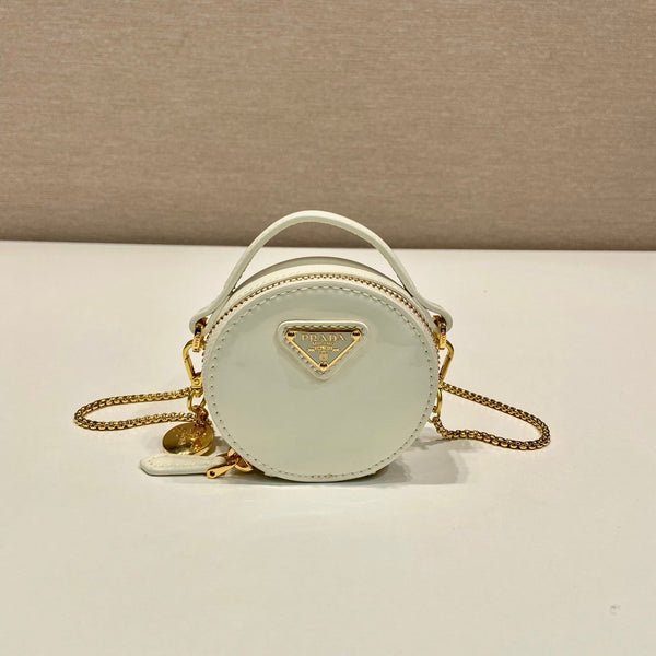 MINI ROUND BAG 8 IN WHITE GLOSSY CALFSKIN GOLD HARDWARE