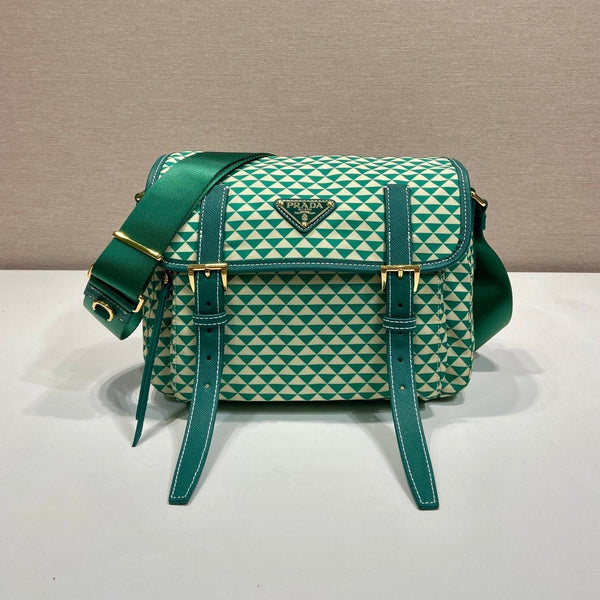 MESSENGER BAG 25 IN FOREST GREEN MIX CREAM TRIANGLE PATTERN EMBROIDERED FABRIC