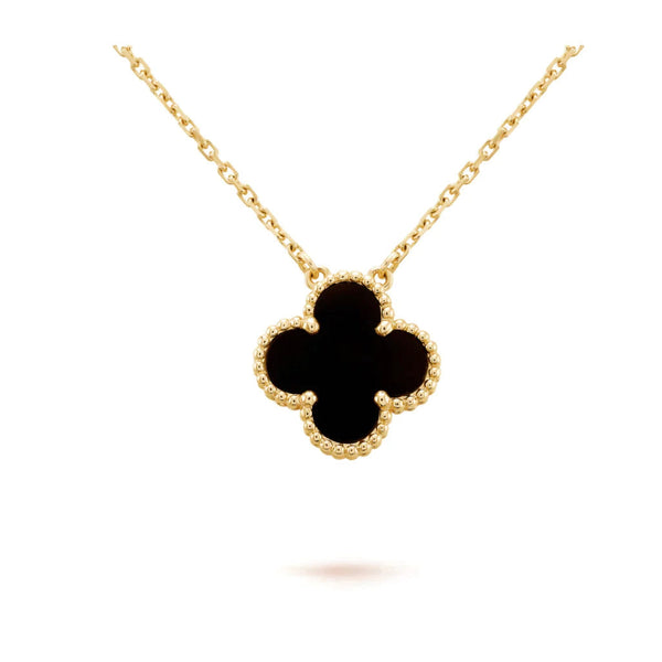 ˇFashion StreetˇCLOVER 15MM BLACK ONYX SINGLE FLOWER NECKLACE