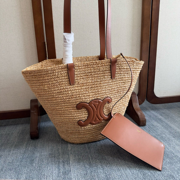 MEDIUM SUPPLE CELINE CLASSIC PANIER IN RAFFIA AND CALFSKIN