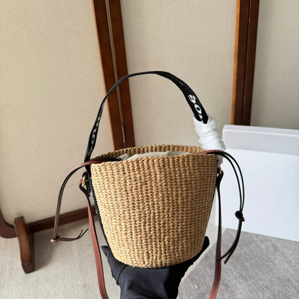 SMALL WOODY BASKET 17 IN NATURAL FIBERS BLACK WEBBING BROWN CALFSKIN