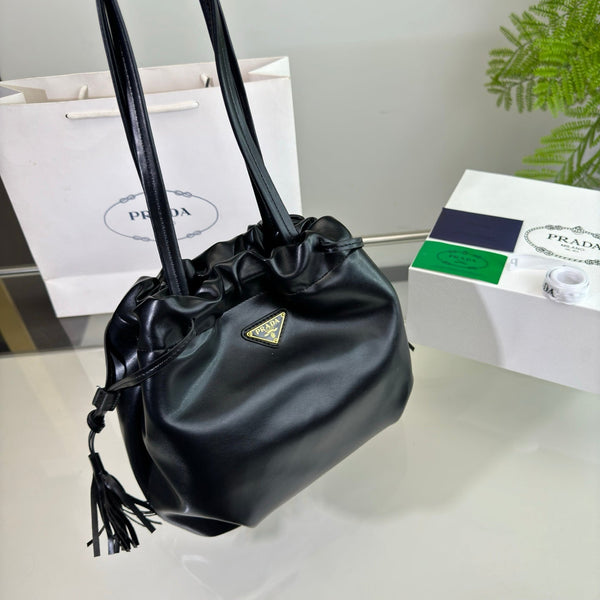 DRAWSTRING BUCKET BAG 25 IN BLACK SOFT LAMBSKIN