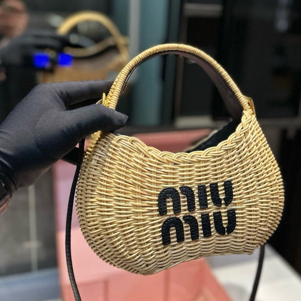 WANDER WICKER HOBO BAG 23 IN TAN BROWN HANDWOVEN WITH BLACK CALFSKIN LOGO